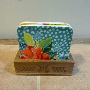 The Pioneer Woman Floral Teal Orange Blue Coasters with Wood Holder